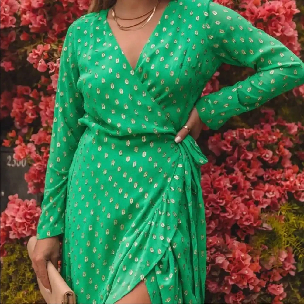 NWT Vici Rejoice Green Wrap Dress Gold Spots Sz S Spring Summer Easter Wedding - Picture 3 of 4